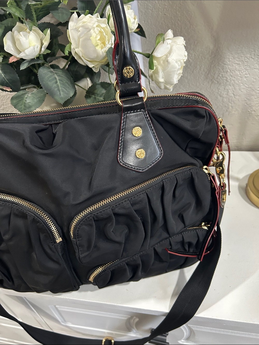 MZ Wallace Black Women’s Gathered Nylon laptop Tote Bag with Gold Hardware - Picture 2 of 11